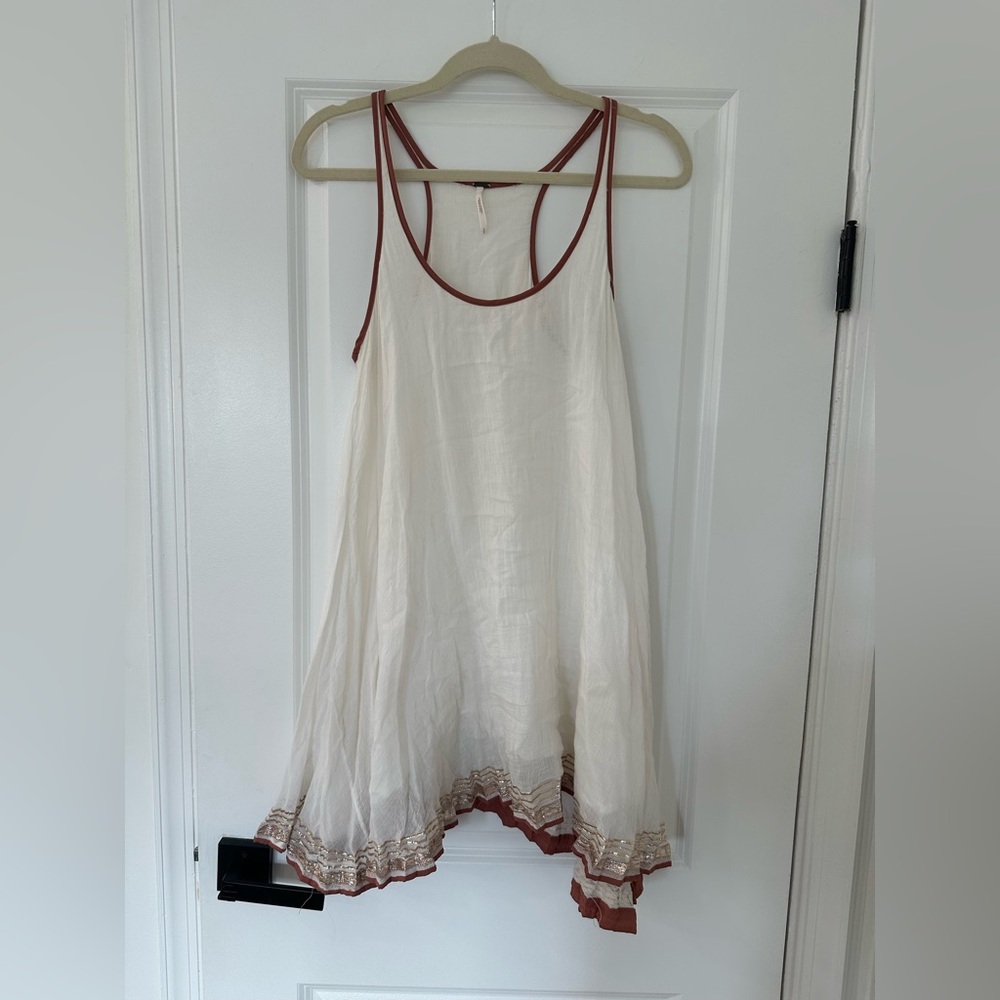Free People White Sleeveless Trapeze Shimmer Trim Dress